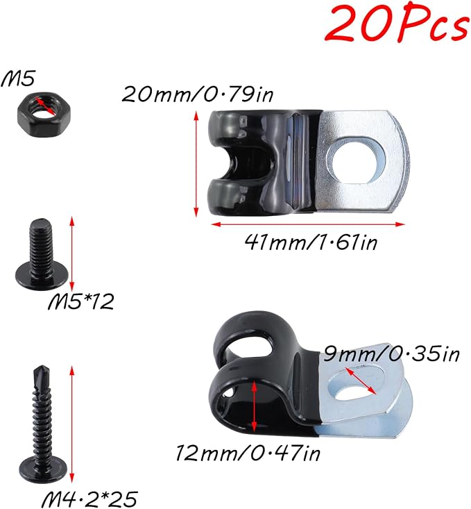Antrader Cable Clamps, 20Pcs Carbon Steel Rubber Cushion Insulated Loop Clips, 12mm/0.47inch R-Type Cable Management Cord Organizer with Screws