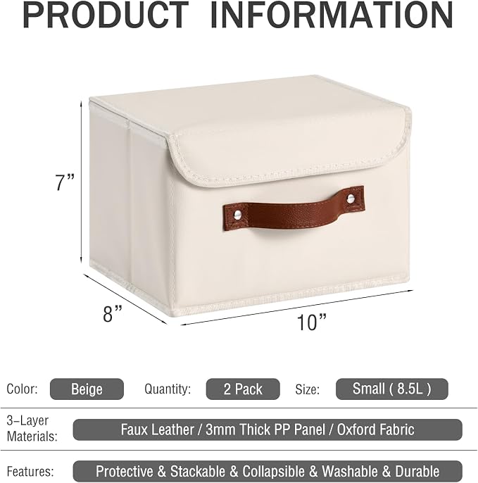 2PCS Storage Bins Box with Lids Decorative PU Leather Fabric Baskets Cubes with Handles PP Plastic Board Foldable Washable Lidded Clothing Shelf Closet Organizer Container (Beige, Small)