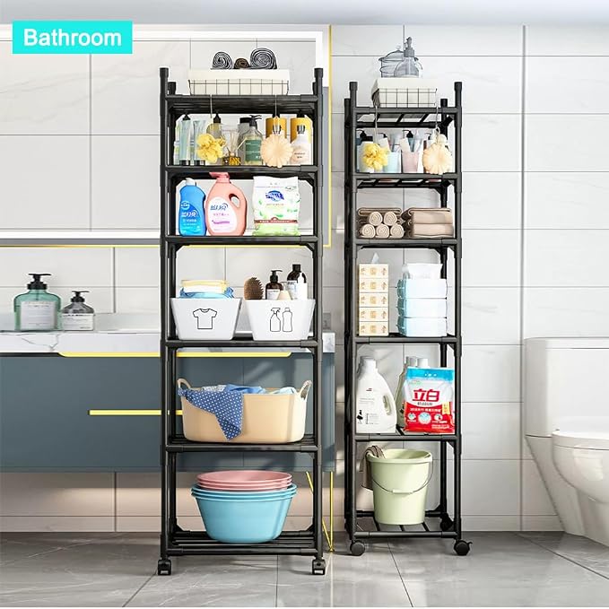 Black Shelving Unit, 42x 32 x 165 cm, 6 Tier Tall Narrow Shelving Unit with Wheels and Anti-Slip Feet, Adjustable Shelving (Black)