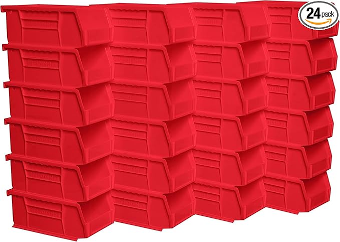 Akro-Mils 30220 AkroBins Plastic Storage Bins, Space-Saving Stackable Bins for Garage, Pantry, Craft Organization, 7" x 4" x 3", Red, 24-Pack