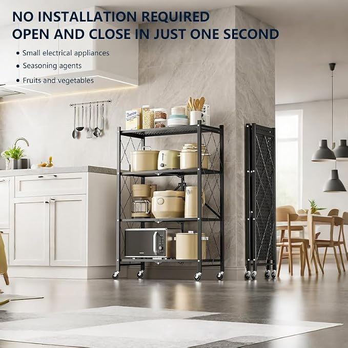 4 Tier Foldable Storage Shelves with Locking Wheels, Assembled Rolling Shelving for Kitchen, Pantry, Closet & Laundry Room, Space-Saving Organizer, 28.5" L x 14.2" W x 46.1" H