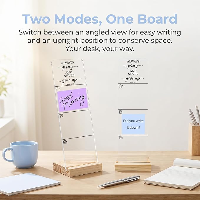 Sticky Note Holder, Monitor Memo Board, Sticky Note Board for Desk, Acrylic Desk Buddy with Wooden Base, Includes 200 Notes, Religious “Always Pray and Never Give Up Luke 18:1”