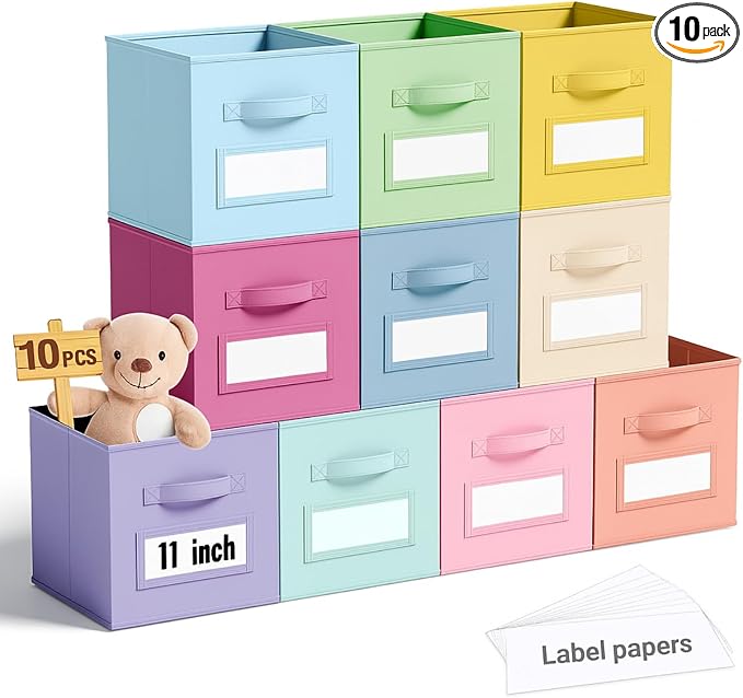 Teenyyou 10 Pack Fabric Storage Cubes 11 Inch Collapsible Cube Bins with Label Window & Handle Foldable Organizers Baskets for Shelf Closet Nursery Kids Room Clothes Book Toy(Macaroon)