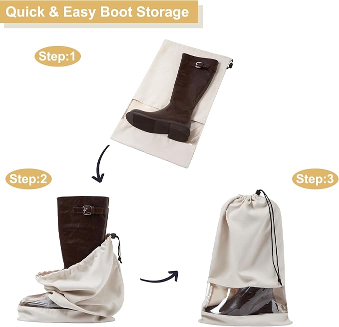 4 Pack Boot Bag, Portable Dust Proof Boot Bags for Cowboy Boots, Shoe Protector for Men Women Travel Daily Home Organizer (Beige)