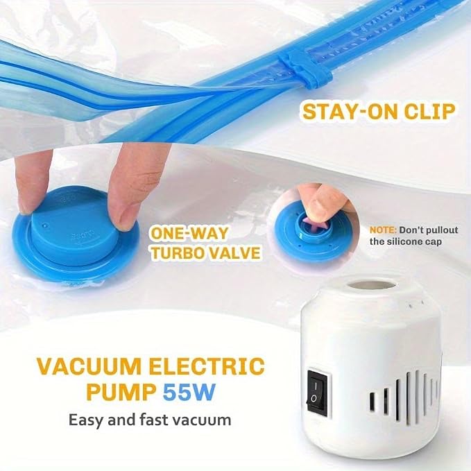 16pcs Vacuum Compression Bags with Electric Pump, Vacuum Seal Storage Bags Space Saver Travel Size for Storage for Luggage, Vacuum Storage Bags for Clothes, Bedding, Pillows, Quilts, Blankets