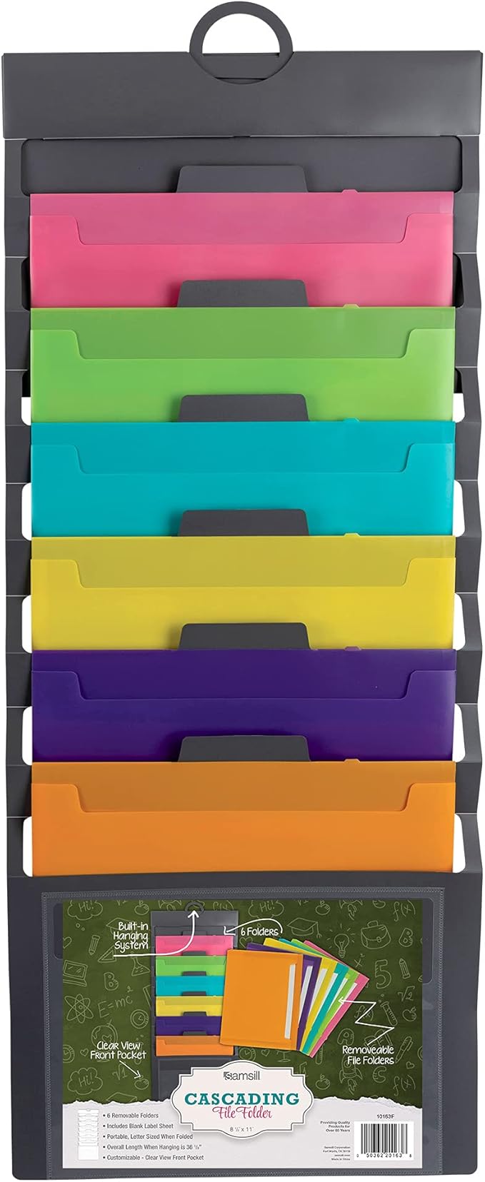 Samsill Cascading Wall File Organizer, Classrom Organization and Storage, 6 Removable Poly Hanging File Folders, Command Center Wall Organizer, Gray with Assorted Fashion Color Folders