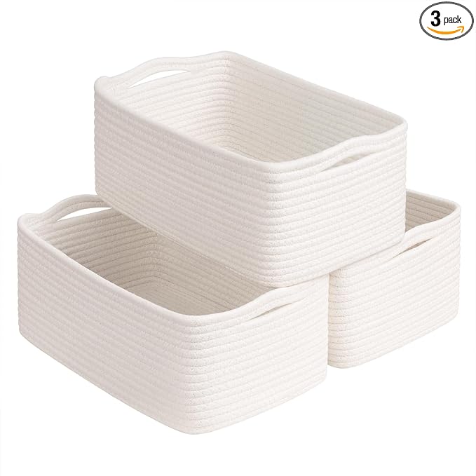 Goodpick Baskets for Organizing, Shelf Toy Basket for Organizing, Toy Organizer, Woven Rope Shelf Organizer 3 Pack for Nursery Organization, White, 13 x 8 x5 in