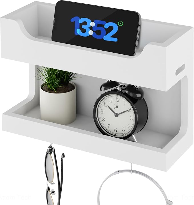 NiHome Bedside Wall Shelf, Wood Organizer, Magnetic Hooks, 2 Tier, White | Double Layer Tray For Dorm Bedroom, Cable Holes, No Drill Mount RV Wall Caddy, Holds Phone Glasses Remote Clock