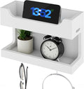 NiHome Bedside Wall Shelf, Wood Organizer, Magnetic Hooks, 2 Tier, White | Double Layer Tray For Dorm Bedroom, Cable Holes, No Drill Mount RV Wall Caddy, Holds Phone Glasses Remote Clock