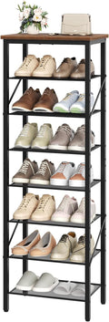 MAHANCRIS 8 Tier Narrow Shoe Rack Organizer, Tall Slim Shoe Storage for Small Space, Holds 8-16 Pairs, Metal Shoe Shelf with Wooden Top for Entryway Closet Bedroom, Rustic Brown and Black SRHR08401