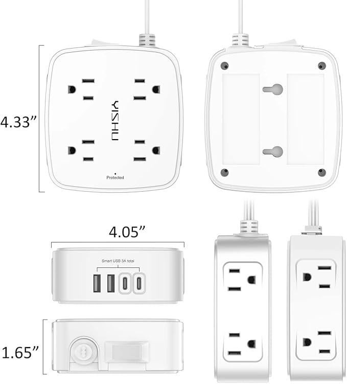 10 Ft Surge Protector Power Strip - YISHU 8 Widely Outlets with 4 USB Ports, 3 Side Outlet Extender with 10 Feet Flat Extension Cord, Ultra Flat Plug, Wall Mount, Desk USB Charging Station, ETL, White