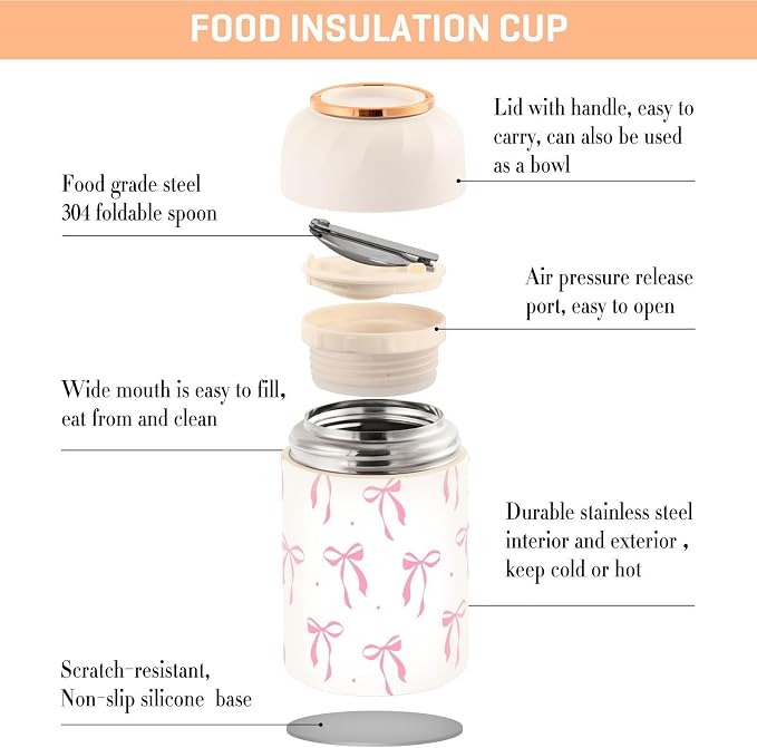 Pink Bow Vacuum Insulated Food Jar with Spoon, 17oz Stainless Steel Hot Cold Lunch Container, Wide Mouth Leakproof Soup Thermo for Kids Adults