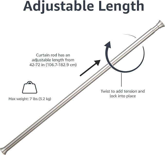 Amazon Basics Easy Install Shower Curtain Tension Rod, Adjustable Length, 42-73 inches, Nickel