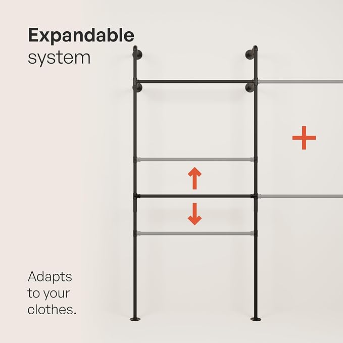 pamo Industrial Clothing Rack Wall Mounted Black – 154" W × 87" H, 1100 lbs | Heavy Duty Pipe Closet System in Black Powder Coated Steel, Scratch-Resistant, Double Rod, Easy Assembly, Closet Organizer