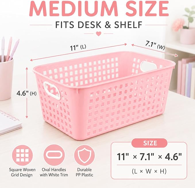 6 Pack Plastic Classroom Storage Baskets, Organizer Bins with Handle | Pink Color 11" × 7.1" × 4.6" Medium Papers Book Storage Organizer for School Classroom Library Office Home Desktop Bookshelf