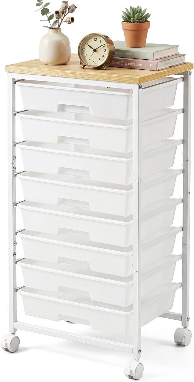 Rolling Cart with 8 Drawers, Rolling Storage Cart with Wooden Tabletop and Lockable Wheels, Craft Storage Cart for Living Room, Office, Classroom, Craft Room, Bedroom, Craft Organization and Storage
