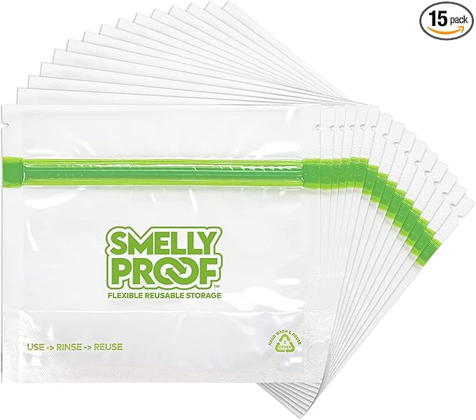 Smelly Proof 15 x Reusable Food Storage Bags, Reusable Freezer Bags, Reusable Snack Bags, Stand-Up Expandable “Stand & Fill”, Clear 3-Mil 6” x 4”, US Made, BPA FREE, NO PEVA, 15-pk
