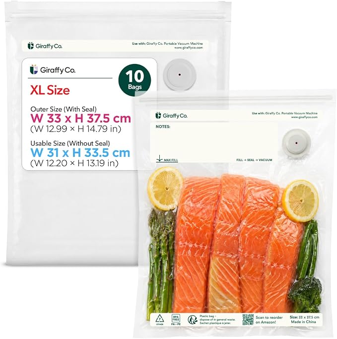 GIRAFFYCO 10 XL Reusable Vacuum Sealer Bags, 13 x 15 in, Food Storage Bags | BPA-Free Airtight Food Storage Bags with Detachable Valve for Handheld Vacuum Sealer, Freezer, Fridge & 1kg Filament Spool