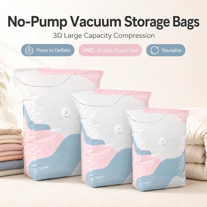No Pump Vacuum Storage Bags for Bedding 3D Compression Jumbo Press and Seal for Clothes and Blankets Large Capacity Thickened Stereoscopic Saving Space 2026 New 3pc (Large)