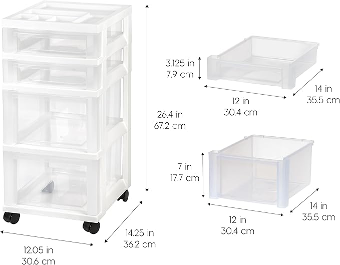 IRIS USA 4-Drawer Rolling Storage Cart, White/Clear | Keep craft supplies, office essentials, classroom items, and accessories organized with easy-access drawers for daily use