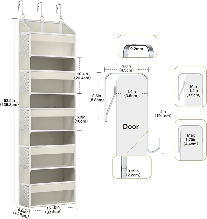 Over the Door Organizer with 5 Front & 10 Mesh Side Pockets, 50LB Capacity Extra Large Hanging Storage Organizer Multi-Room Space-Saving Hanging Shelves with 3 Hook for Closet, Kitchen, Pantry, Beige