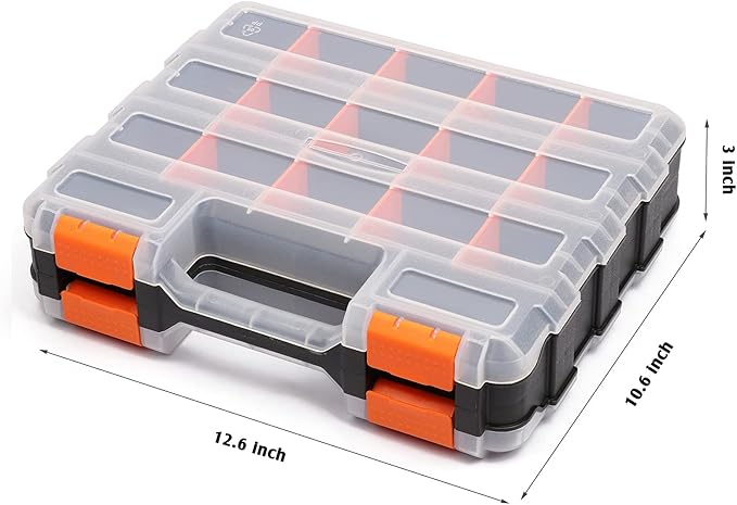 MIXPOWER 34-Compartments Double Sided Organizer with Impact Resistant Polymer and Customized Removable Plastic Dividers, Storage and Carry, Black/Orange