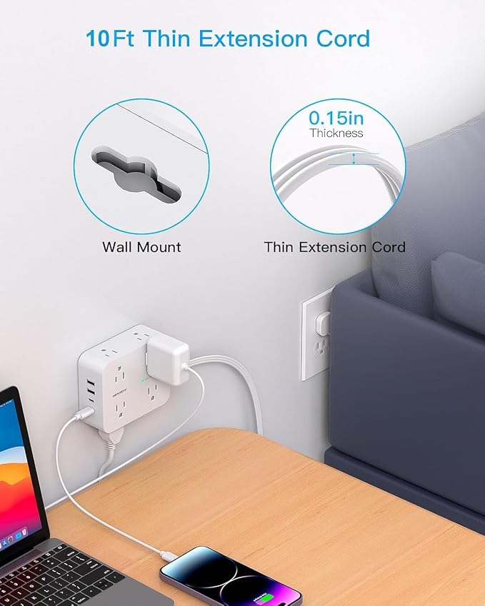 Extension Cord 10 Ft, Ultra Thin Flat Plug Power Strip Surge Protector with 8 Outlets 4 USB Ports (2 USB C), HANYCONY Outlet Extender Desk Charging Station for Home Office Dorm Room Essentials | 8 Outlets 4 USB Ports (2 USB C), HANYCONY Outlet Extender...