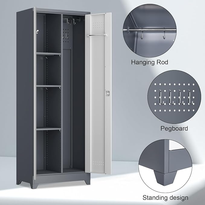 Broom Storage Cabinet, Metal Utility Storage Cabinet with Hanging Rail, 65" Tall Cleaning Tool Organizer with Shelves and Doors, Cleaning Storage for Home, Garage, Office, Balcony