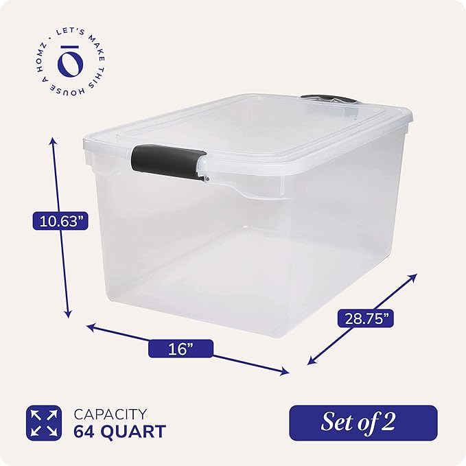 HOMZ Secure Latch Clear Plastic Storage Organizer Bins, 64 Quart, 2-Pack | Gray Latches - Stackable Container Boxes for Bedroom, Bathroom, Garage, and Office Organization