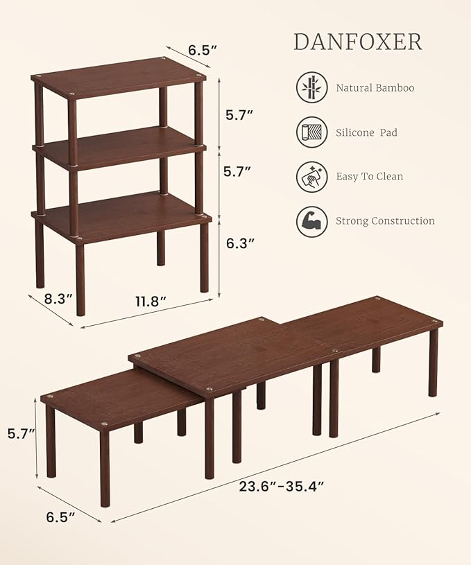 Cabinet Organizer Shelf(Set of 3),Bamboo Kitchen Counter Shelves for Countertop and Cabinet,Stackable Shelf Spice Racks,Medium(Brown)