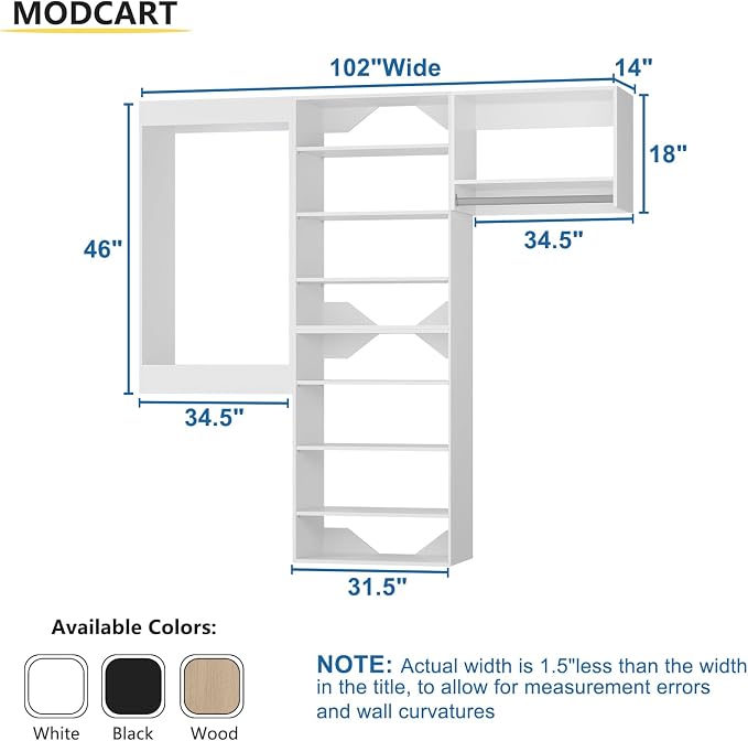 Modular Closet Organizer, 102" WideKit with Towers and Hanging, Wood Tower Storage for Walk In Closet, Wall Mounted Wardrobe Organizer, Bedroom, White