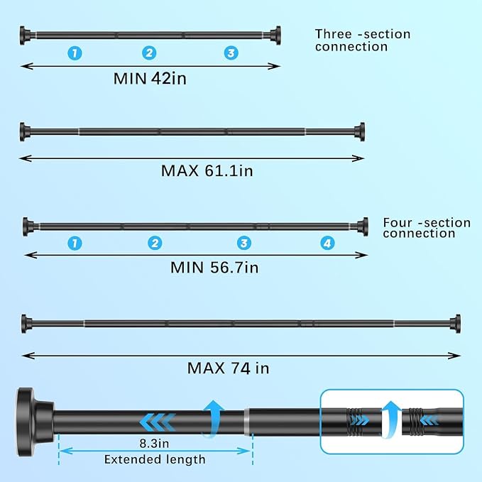 AIZESI Shower Rod, Adjustable 42-74 Inch Black Shower Curtain Rod, 1" Diameter Tension Rod No Drilling, Anti-Slip, Premium Stainless Steel Anti-Rust, Shower Rods for Bathroom