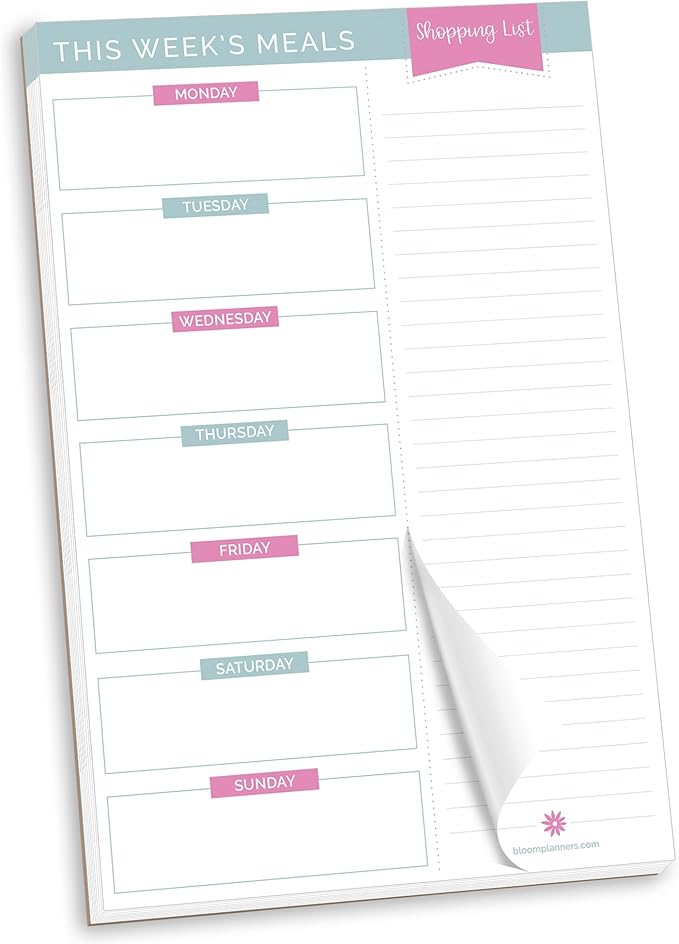 bloom daily planners Weekly Meal Planning Pad - Magnetic Hanging Refrigerator Menu Planner with Tear-Off Sheets & Perforated Grocery Shopping Lists - 6” x 9” (Pink & Teal)