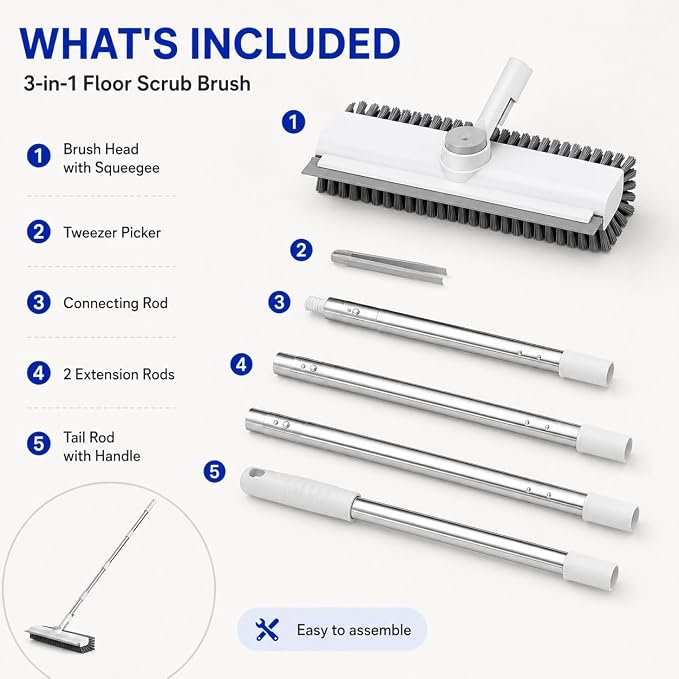 Floor Scrub Brush with 50-Inch Handle, Squeegee and Stiff Bristles | Stiff PVC bristles, 30/40/50-in stainless steel handle, 360° locking head and squeegee for tile, tubs and patios.