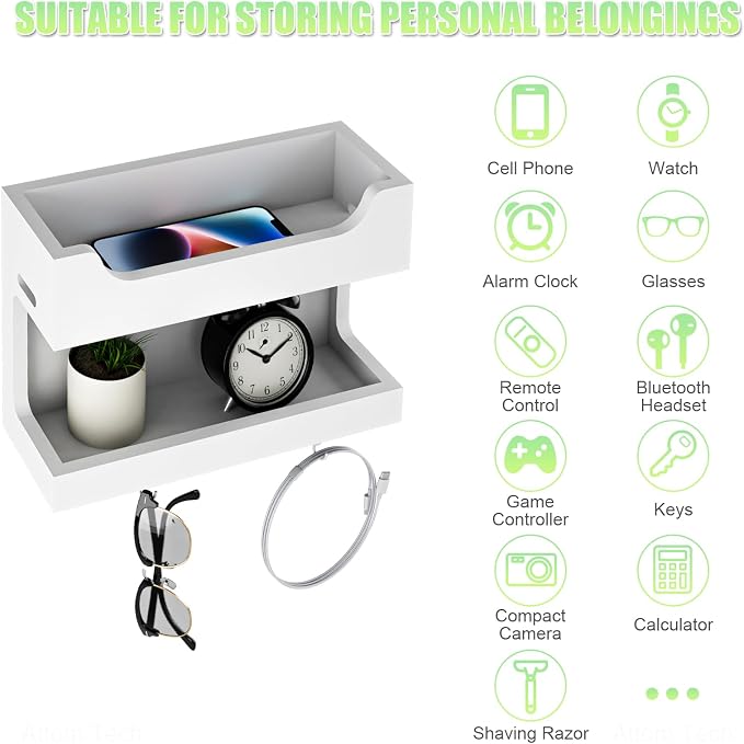 NiHome Bedside Wall Shelf, Wood Organizer, Magnetic Hooks, 2 Tier, White | Double Layer Tray For Dorm Bedroom, Cable Holes, No Drill Mount RV Wall Caddy, Holds Phone Glasses Remote Clock
