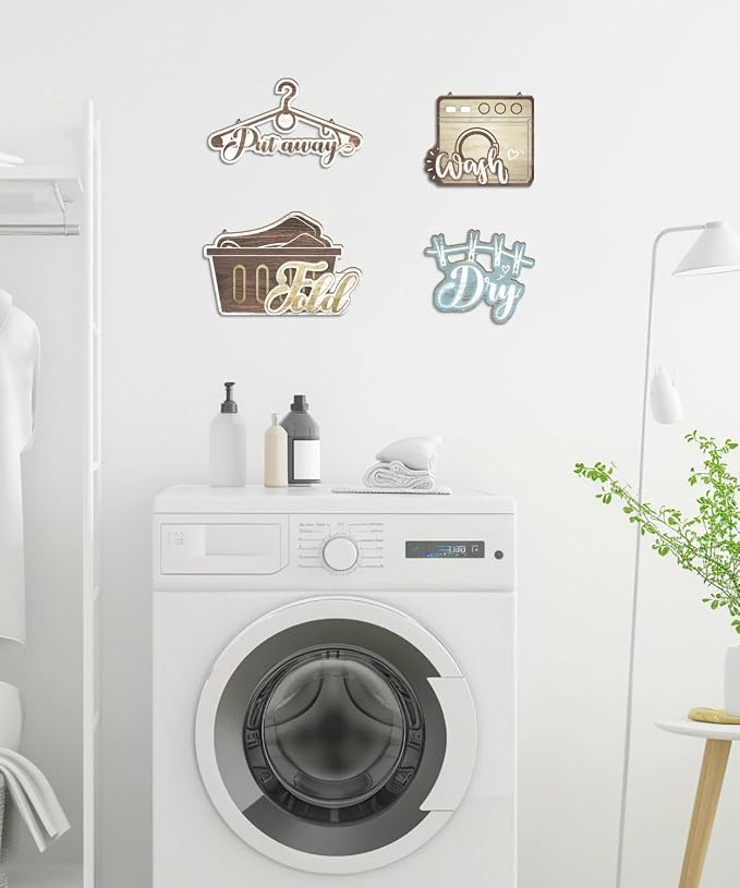 Putuo Decor Laundry Room Wall Decor Set, Farmhouse Style Wash Dry Fold Put Away Signs, Laundry Room Hanging Decor, Decorative Wall Art for Laundromats Home Utility Space