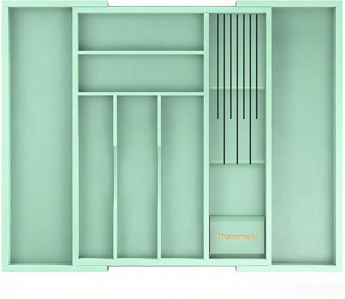 Bamboo Kitchen Drawer Organizer, Expandable Silverware Organizer with Removable Knife Block, 6-8 Slots- Utensil Holder & Cutlery Tray Drawer Dividers, 2.36" Deep for Extra Capacity, Cyan
