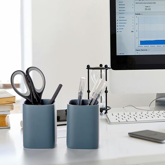 Ceramic Pen Holder Set of 2, Matte Square Pencil Cup for Desk, Heavyweight Stoneware Desk Organizer for Office Front Desk & Vanity, Modern Pen Cups Holder, Non-Slip Base - Matte blue