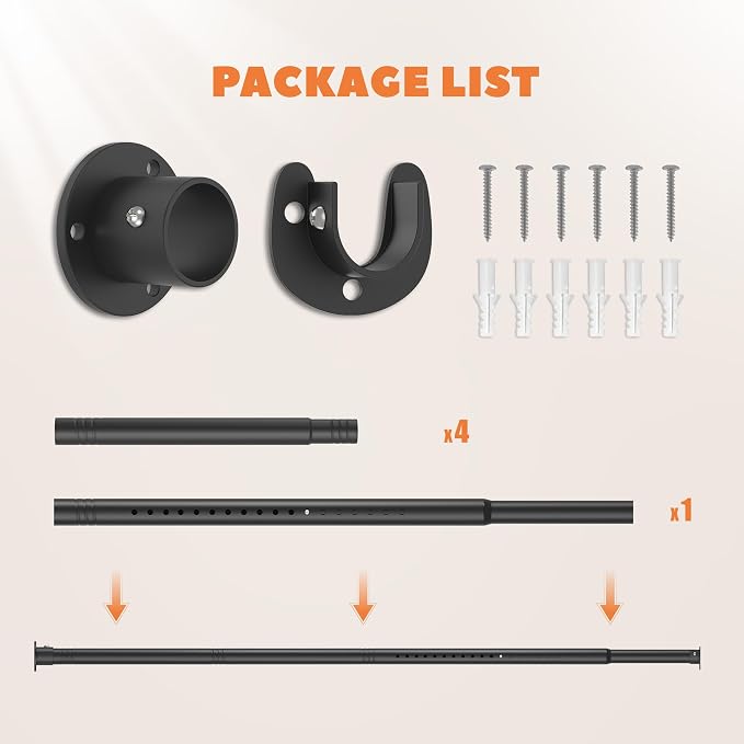 Metal Closet Rod 1.3" Heavy Duty Adjustable Hanging Rod 17-75 Inch | Black, Stainless Steel, 1.3 Inch Diameter, Wall Brackets Included, For Hanging Clothes, Walk-In Closets, Laundry Rooms