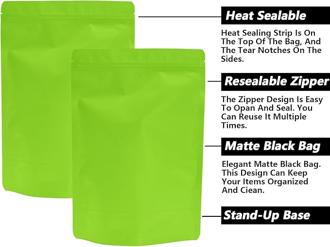 50PCS Smell Proof Resealable Pouch Bags,ULIFESTAR Aluminum Foil Flat Food Storage Bag,Sealable Pcsaging Zipper Pouches with Tear Notches for Pcsaging Lipgloss,Jewelry,etc(18*26cm/7.09*10.24",Green)
