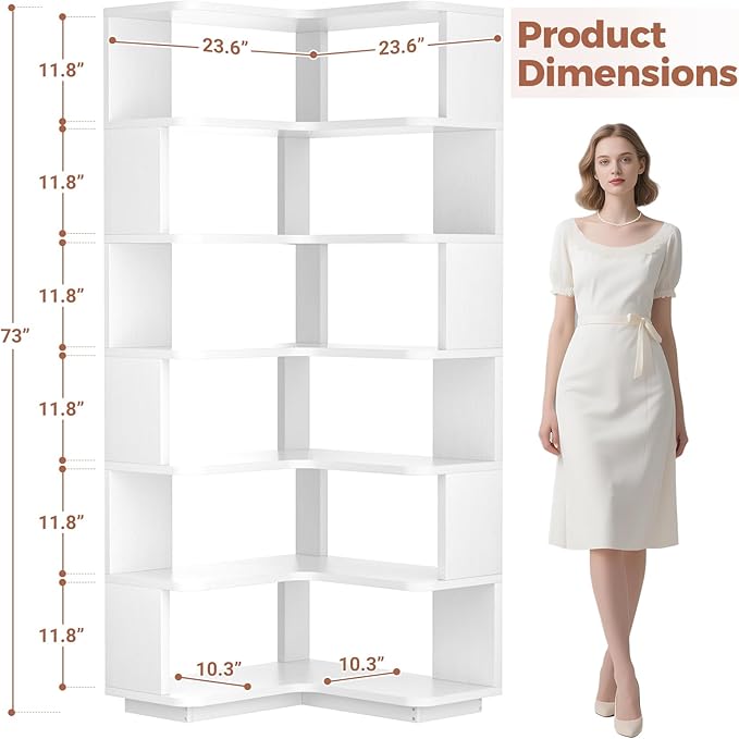Besiost Corner Book Shelf, 7-Shelf Corner Bookshelf for Small Corner Spaces, L-Shape Bookcase Corner Display Shelf for Home Office, Living Room, Bedroom, Kitchen Pantry, White