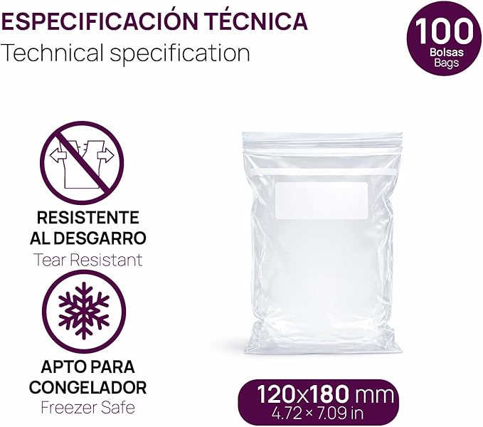 Ofituria Transparent Zip Bags 120 x 180 mm with Airtight Seal, Zip Bags for Food, Snacks, Freezing as well as Kitchen and Travel Organisation - Ofituria (100 Bags)