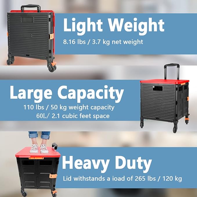 FELICON SELORSS Foldable Utility Cart Folding Portable Rolling Crate Handcart with Heavy Duty Telescoping Handle Collapsible 4 Rotate Wheels for Travel Shopping Move Luggage Office Use(Black+Red)