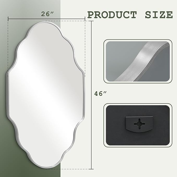 Dorlicecass Wall Mirror for Bathroom - Silver Mirror Wall Decor 26" x 46"Modern Mirror Wall Decor with Aluminum Alloy Frame for Bathroom, Bedroom, Living Room, Dining Room, Cloakroom, Entryway
