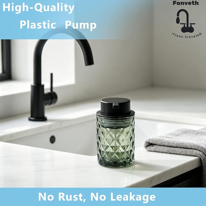 Foaming Soap Dispenser Green Glass Bottle Black Pump, Easy Refill and Clean Design Clog-Free Heavy Glass for Kitchen Bath