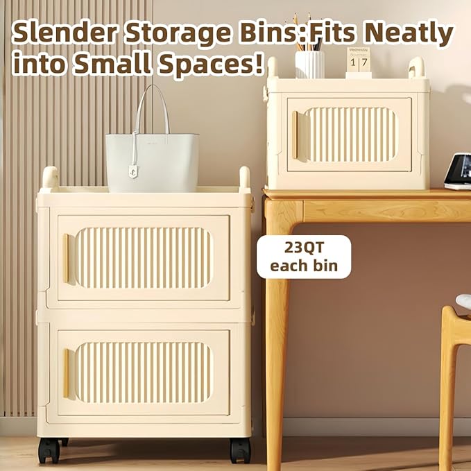 5-Tier Foldable Storage Cabinet with Wheels & Magnetic Doors, Heavy-Duty 23 QT Stackable Storage Bin Organizer, Rolling Cart for Kitchen, Pantry, Dorm