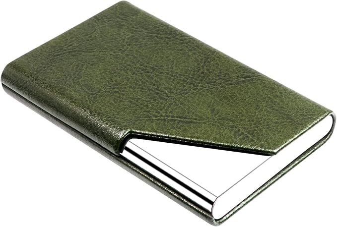 Padike Business Card Holder, Leather Business Card Case Pocket Card Holders for Men or Women, Metal Slim Name Card Holder RFID Blocking Business Card Carrier with Magnetic Closure (Z-Olive Green)