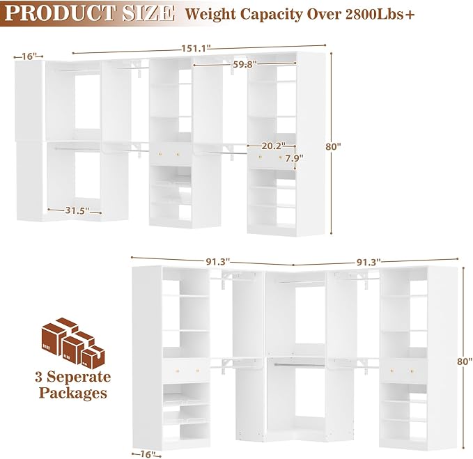 Armocity Closet System Set of 3 - Corner Closet Organizer System with 2 Drawers/16 Shelves/6 Hanging Rods, 151.1" L-Shaped Walk-In Wardrobe Organizer, 2800+ lbs Capacity, White