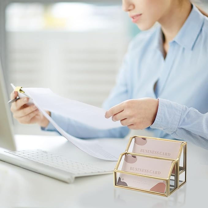 Hipiwe Glass Business Card Holder 2 Slots Gold Business Card Stand Mirrored Base Name Display Holder for Desk Multiple Clear Business Card Holder Display for Office