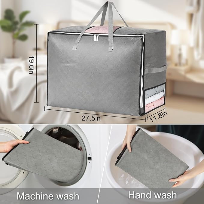 8 Pack 105L Extra Large Comforter Storage Bag, Foldable Bedding Storage Blanket Moving Bags for Clothes Pillows Sweater Dorm, Linen Closet Organizers with 4 Handles & 3 Clear Windows, Grey